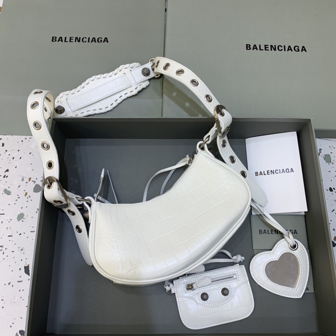 Balenciaga Le Cagole XS Shoulder Bag Crocodile Embossed White 